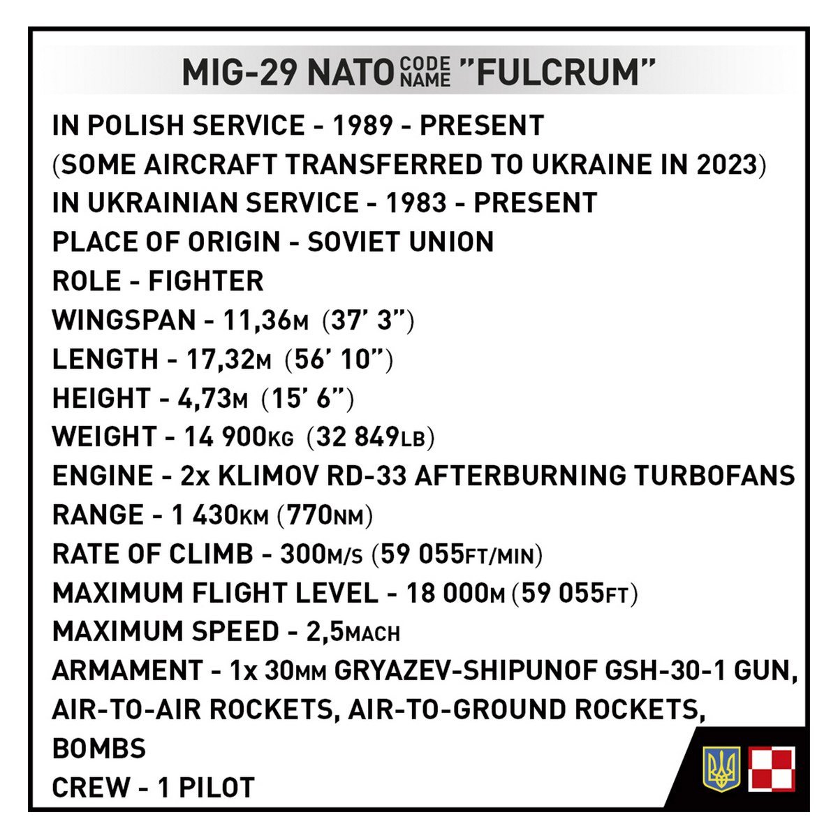 Samolot designerski MiG-29 UA/PL Fulcrum 550 części Cobi COBI-5840 - obrazek 11